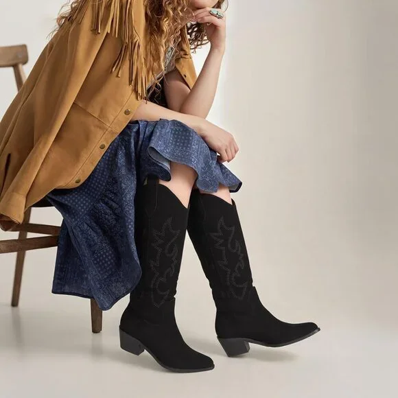 Women Black Suede Polyurethane Embroidered Chunky Heel Knee High Western Boot - Picture 3 of 6